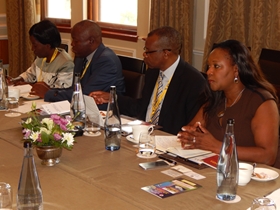 Commerce, trade and industry Minister Mrs. Margaret Mwanakatwe (extreme right), Zambia's High Commissioner to South Africa His Excellency Mr. Muyeba Chikonde, Director of Mines Safety Mr. Gideon Ndalama and Principal Documentalist Mrs. Bernadette Mwakacheya during the meeting with the Indian delegation.