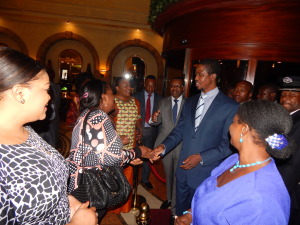 President Lungu and First Lady Mrs. Esther Lungu being introduced to diplomats' spouses by Zambia's High Commissioner to South Africa, His Excellency Mr. Muyeba Chikonde. Looking on is Deputy High Commissioner, Mr. Joe Kaunda and Mrs. Chikonde.