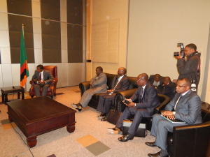 PRESIDENT Lungu leading his delegation during a bilateral meeting with Lesotho Prime Minister, Minister Dr. Pakalitha Mosisili on 15th June, 2015 in Johannesburg