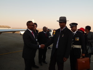 H.E. Mr. Edgar C. Lungu bids farewell to Zambia's Deputy High Commissioner to South Africa, Mr. Joe Kaunda at Lanseria International Airport near Johannesburg on 22nd June, 2015