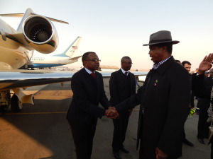 H.E. Mr. Edgar C. Lungu bids farewell to Zambia's High Commissioner to South Africa, Mr. Muyeba Chikonde at Lanseria International Airport near Johannesburg on 22nd June, 2015