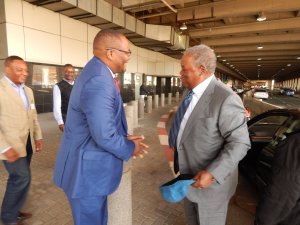 Zambia's High Commissioner Designate to South Africa, His Excellency Mr. Emmanuel Mwamba meets former Zambian President Mr. Rupiah Banda when the latter arrived at Oliver Tambo International Airport on 8th August, 2015. Looking on is out-going Zambia's Deputy High Commissioner to South Africa