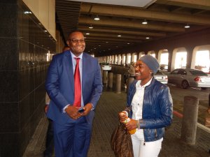 Zambia's High Commissioner Designate to South Africa, His Excellency Mr. Emmanuel Mwamba meets former Zambian First Lady Mrs. Thandiwe Banda when the latter arrived at Oliver Tambo International Airport on 8th August, 2015