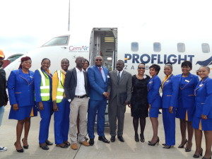 Zambia's High Commissioner to South Africa, His Excellency Mr Emmanuel Mwamba poses for a photo with staff from Proflight Zambia, Airports Corporation of South Africa and the High Commission.This was after the inaugural Proflight Zambia flight from Lusaka to Durban arrived at King Shaka International Airport in Durban, South Africa on Monday, 21st September, 2015. PICTURE BY NICKY SHABOLYO
