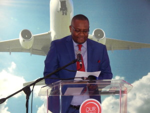 Zambia's High Commissioner to South Africa, His Excellency Mr Emmanuel Mwamba delivers his speech as Guest of Honour at the launch of the Proflight Zambia flight to Durban from Lusaka on Monday, 21st September, 2015. PICTURE BY NICKY SHABOLYO 