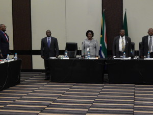 Zambia's High Commissioner to South Africa - Designate, His Excellency Mr. Emmanuel Mwamba; Army Commander Lieutenant-General Paul Mihova; Ministry of Defence Permanent Sceretary Ms. Rose Salukatula; South Africa's Defence Secretary Dr. Sam Gulube and Lieutenant-General Jeremia Nyembe of South Africa sing the Zambian and South African national anthems