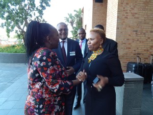 Zambia's Minister of Commerce, Trade and Industry, Mrs. Margaret Mwanakatwe and South Africa's Minister for Small Business Development, Lindiwe Zulu meet just before the launch of the Zambia-South Africa Business Council in Johannesburg on Friday, 30th October, 2015.