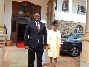 Zambia's High Commissioner to South Africa, His Excellency Mr. Emmanuel Mwamba with wife Mrs. Monde Mwamba at the guard of honour 