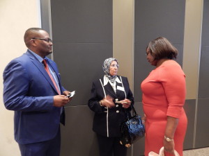 African Union Commissioner Dr. Elham Ibrahim (centre) with Zambia's Energy Minister Ms. Dora Siliya and Zambia's High Commissioner to South Africa His Excellency Mr. Emmanuel Mwamba at the Africa Energy Indaba in Johannesburg on 16th February, 2016