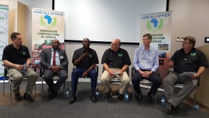 Lusaka Province Minister, Mr. Japhen Mwakalombe (3rd from left) speaking during a panel discussion at the symposium in Pretoria on Wednesday, 19th October, 2016. The other members of the panel are (L-R) Agri-Zambia Managing Director Mr. Landon Romano, Agri-Zambia Board Member Mr. Levi Tembo, AaA Chairperson Dr. Theo De Jager, fresh produce dealer Mr. Jan Mocke, and AaA Chief Executive Officer Mr. Dirk Hanekom.