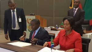 Zambia's Foreign Affairs Minister Mr. Harry Kalaba with South African counterpart, Ms. Maite Knoana-Mashabane at the inauguration of the Joint Commission for Cooperation for the two countries. This was in Pretoria on 7th December, 2016 